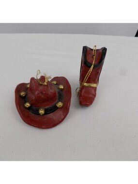 Cowboy Hat & Boot Christmas Tree Ornament Set Red Black Gold Western Bells 2-3"